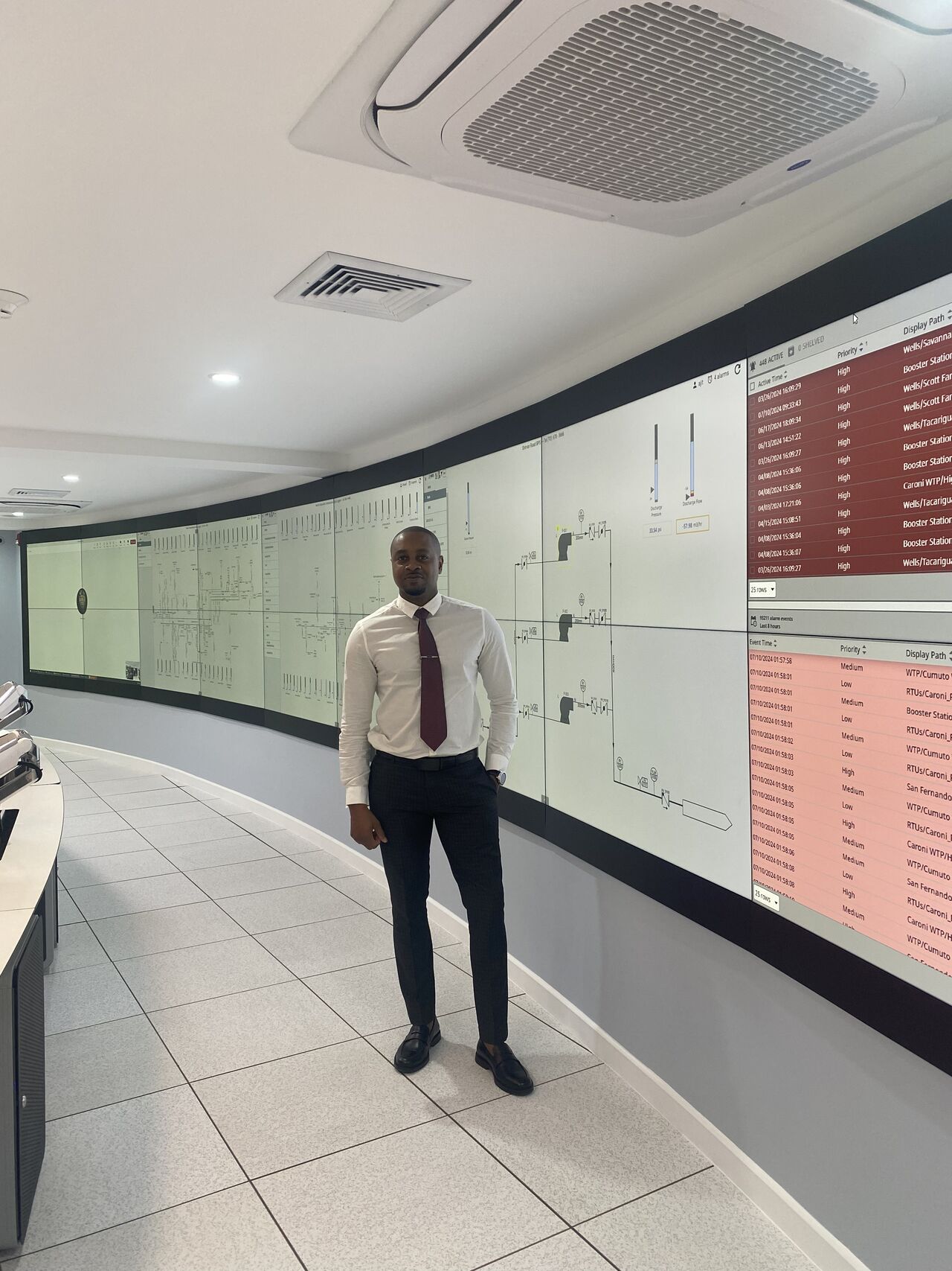 Dane Sandy in the operations control centre of a national water utility, in front of a wall of live SCADA process screens